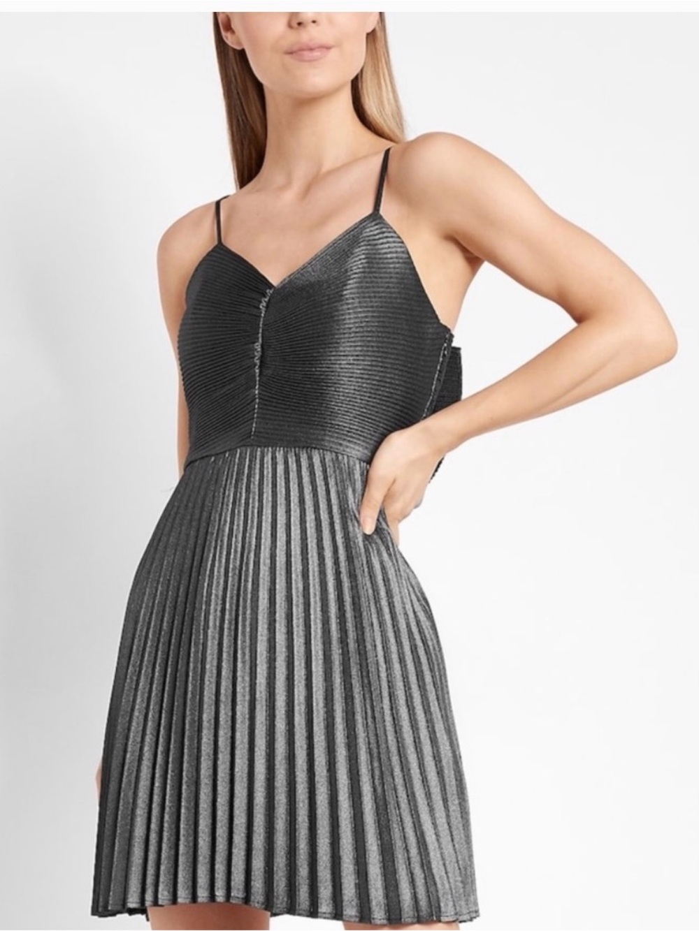 Express Metallic Black Pleated Spaghetti-Strap Mini Dress
